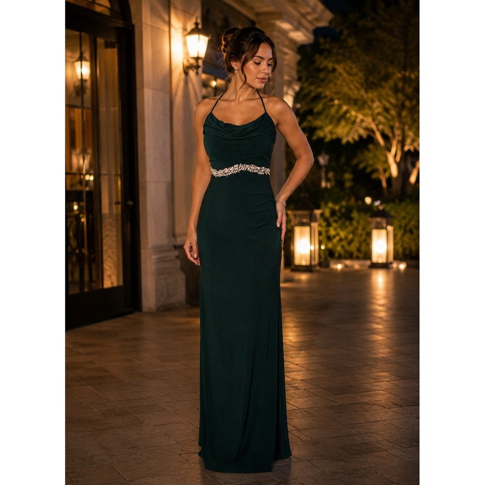 Emerald Green Beaded Waist Evening Gown Spaghetti Strap Formal Dress Small